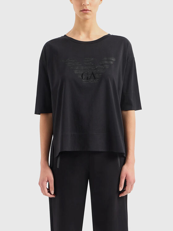 Tricou negru cu pietricele aplicate și logo brodat - 1