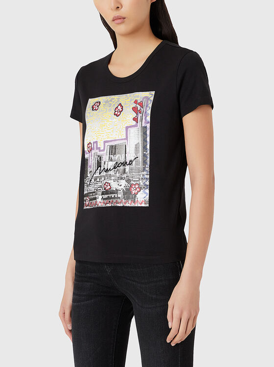 Tricou din bumbac cu decolteu oval și imprimeu - 1
