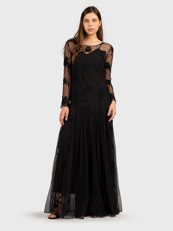 Rochie neagră lungă cu detalii florale - 1