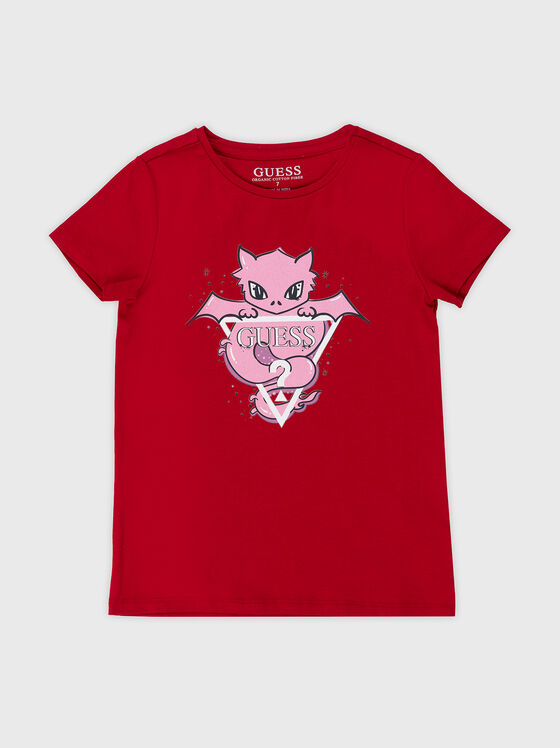 Red T-shirt with artistic logo print  - 1