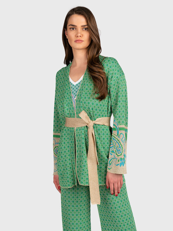 Green cardigan with accent sleeves - 1