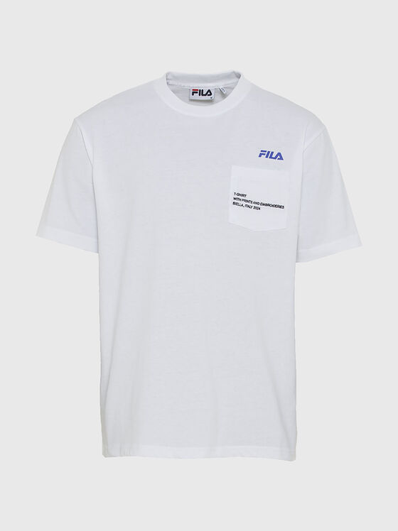 Tricou alb cu decolteu oval și imprimeu logo - 1