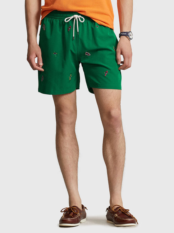 Green beach shorts with embroidery - 1