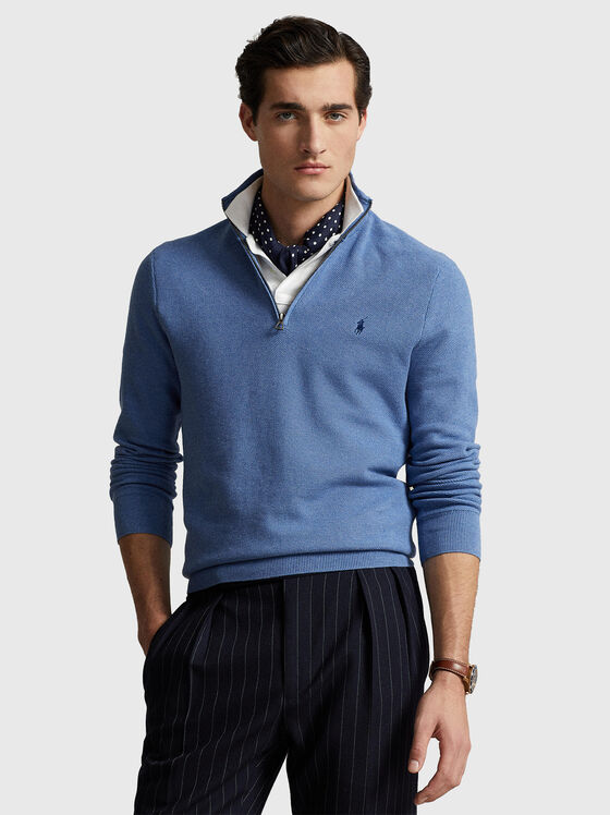 Blue sweater with zip and logo embroidery - 1