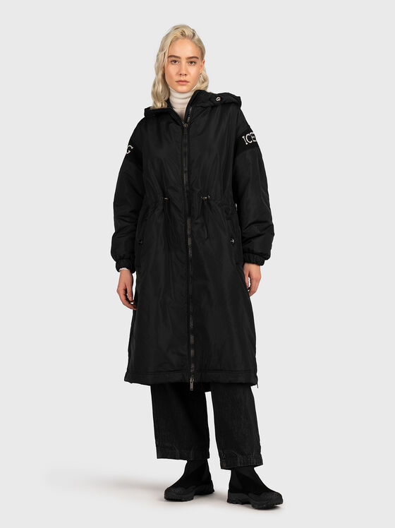 Padded black long jacket with hood  - 1