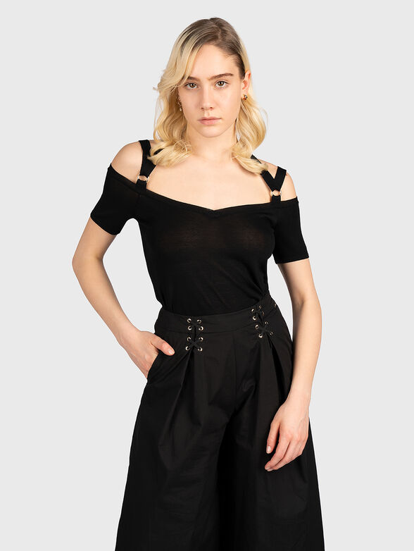 Black knitted blouse with accent straps - 1