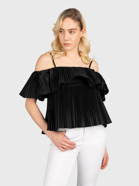 Top negru plisat cu volane - 1