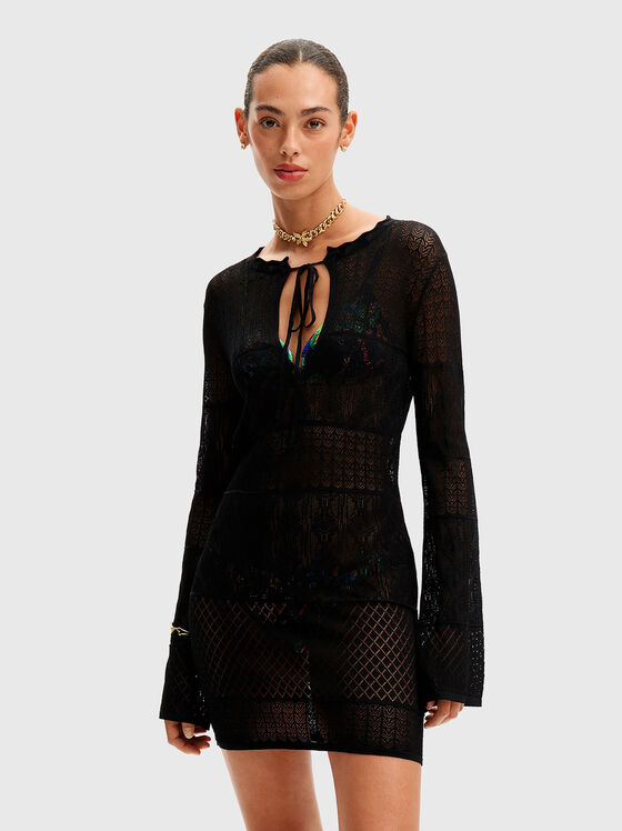 Rochie mini cu tricot ajurat neagră - 1