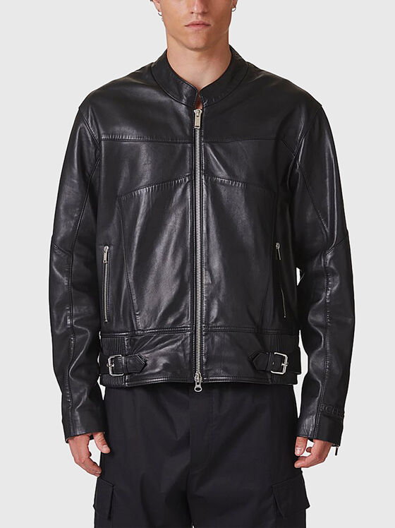 Leather jacket with embossed logo accent - 1