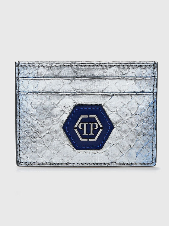 Suport de card din piele de șarpe argintiu cu logo - 1