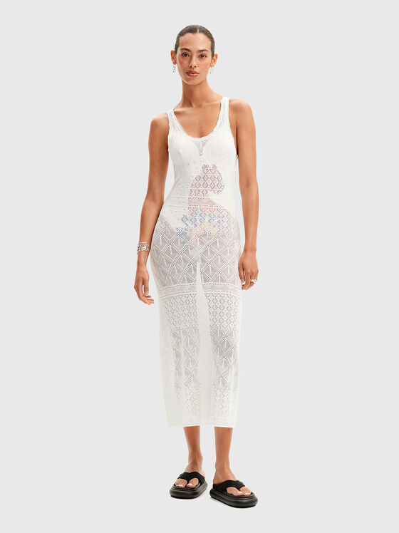Rochie midi albă cu tricot ajurat - 1