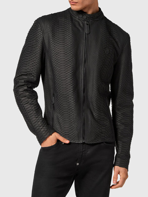 Black python leather biker jacket - 1
