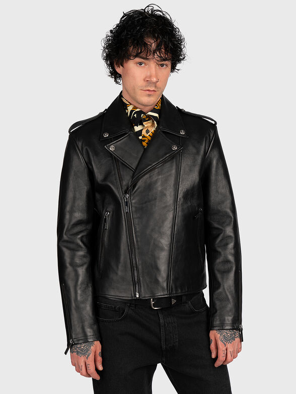 Black leather jacket with logo detail - 1