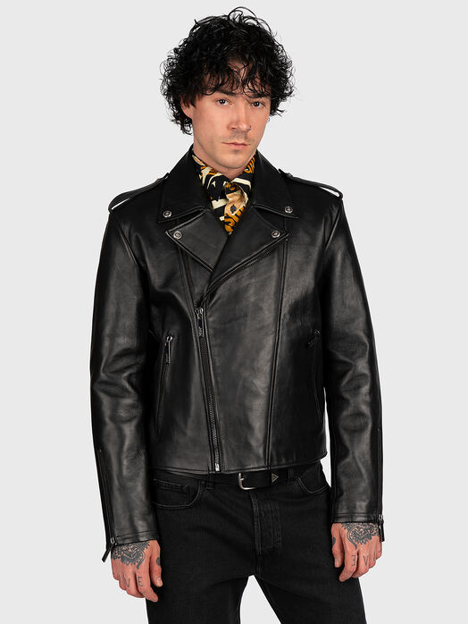 Black leather jacket with logo detail