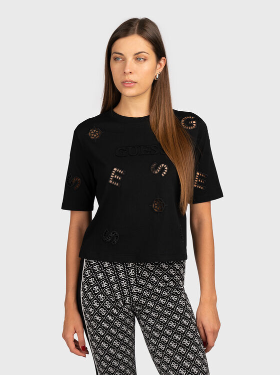 Tricou negru PEONY cu perforații logo - 1