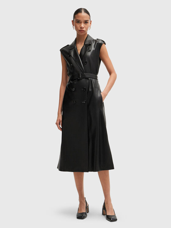 Rochie midi cu croială dublă din piele ecologică - 1
