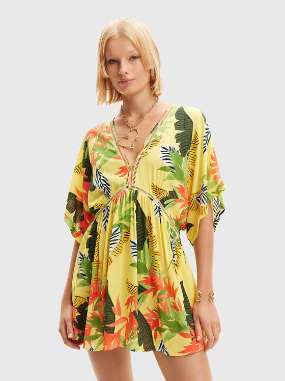 Rochie de plajă galbenă cu imprimeu floral - 1