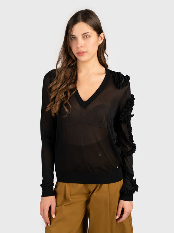 Pulover cu decolteu în V cu efect semi transparent - 1