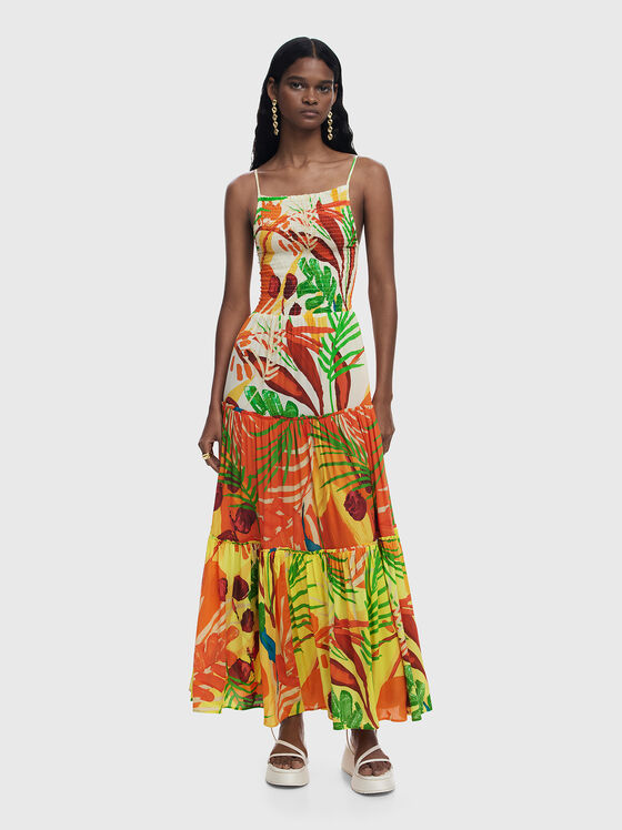 Rochie maxi cu volane și imprimeu tropical - 1
