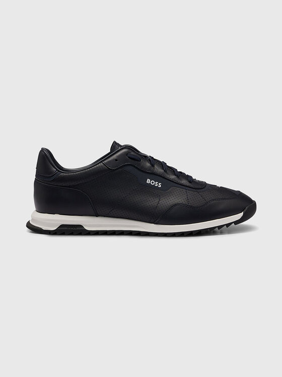 Dark blue leather sports shoes - 1