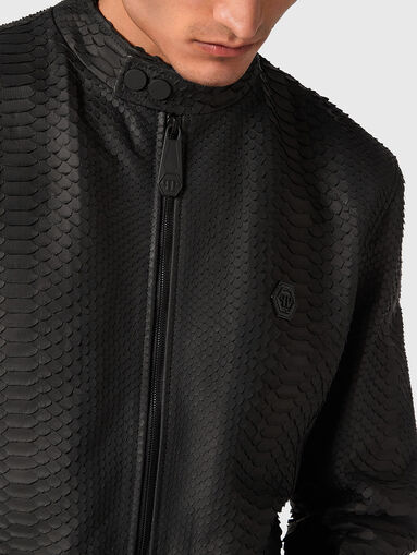 Black python leather biker jacket - 5
