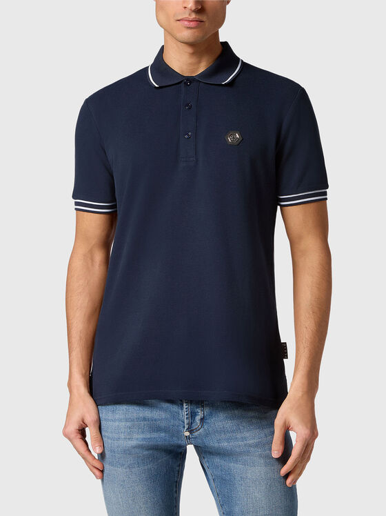 Tricou polo din bumbac albastru închis cu logo - 1