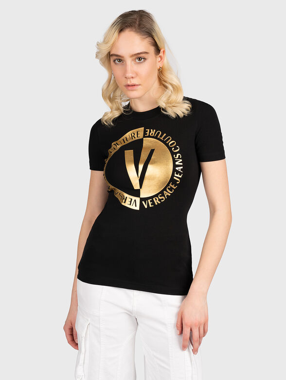 Black T-shirt with gold-colored logo accent - 1
