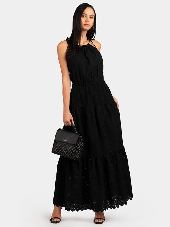 Rochie lungă neagră cu broderie florală - 1