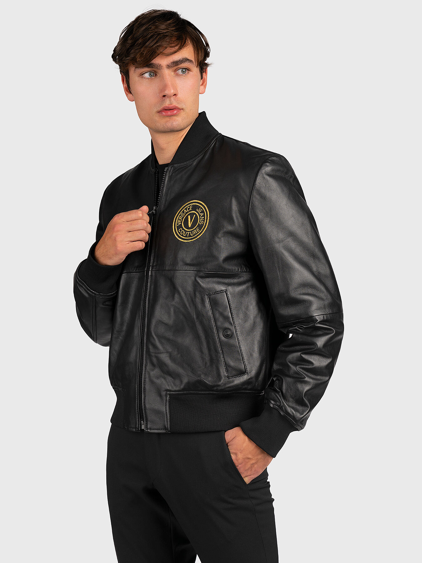 Leather jacket with embroidered logo de firm VERSACE JEANS COUTURE Globalbrandsstore.ro