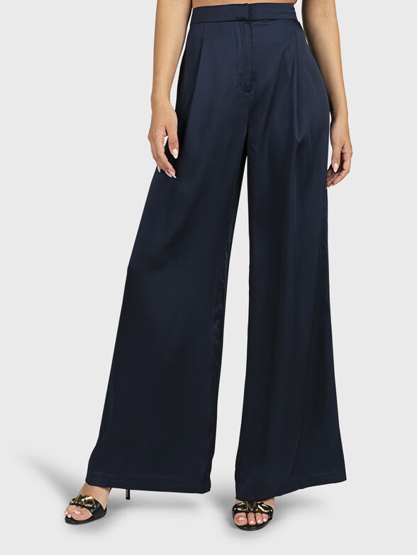 Dark blue satin trousers with wide legs - 1