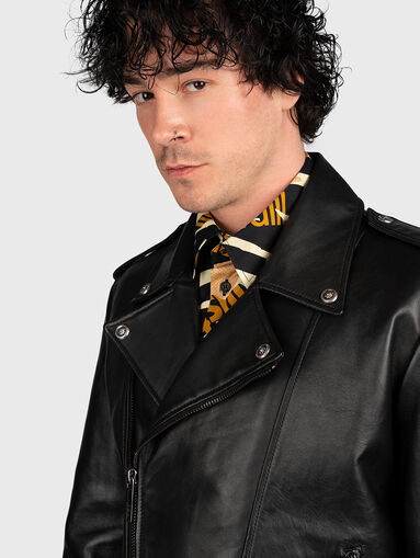 Black leather jacket with logo detail - 3