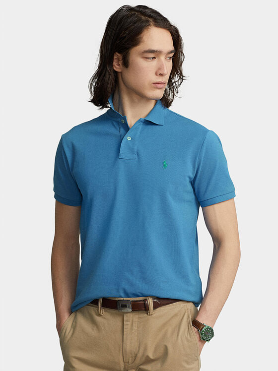Tricou polo albastru cu broderie logo contrastantă - 1