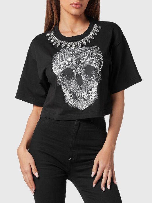 Cropped T-shirt with print and rhinestones