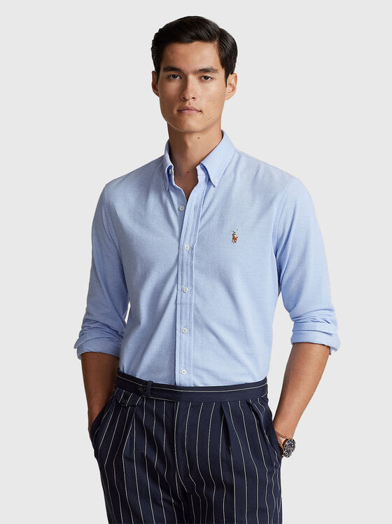 Blue cotton shirt with contrast logo embroidery - 1