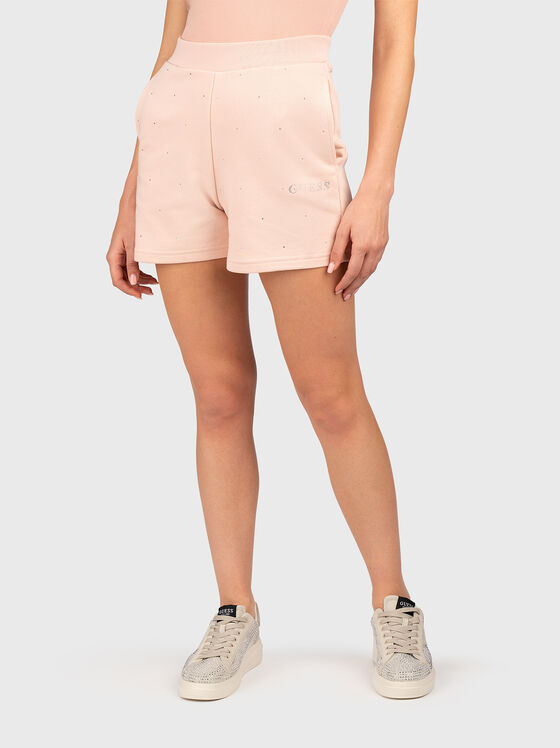 Pantaloni scurți cu pietricele aplicate și logo - 1