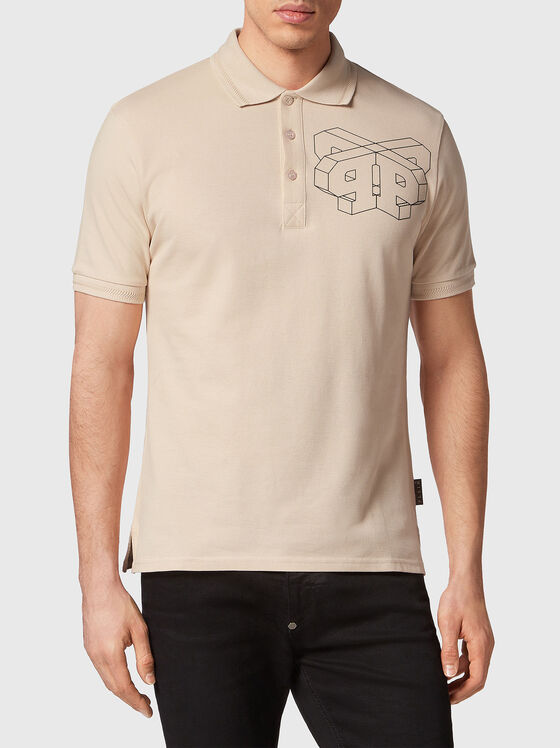 Beige cotton polo shirt with contrasting print - 1