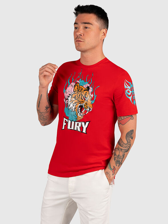 Red T-shirt with colorful print - 1
