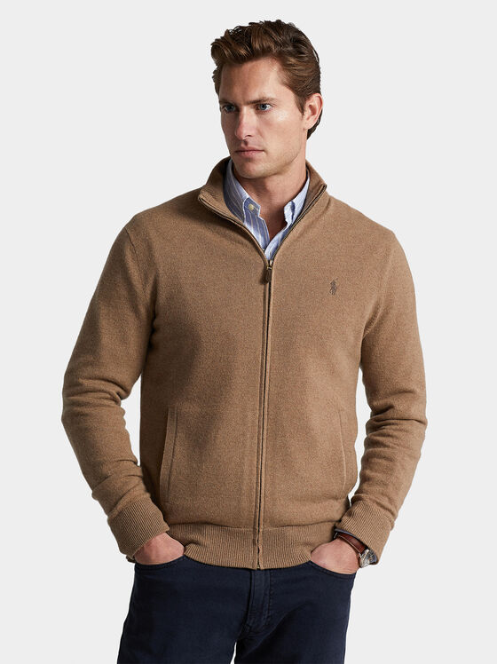 Brown merino wool cardigan with zip - 1
