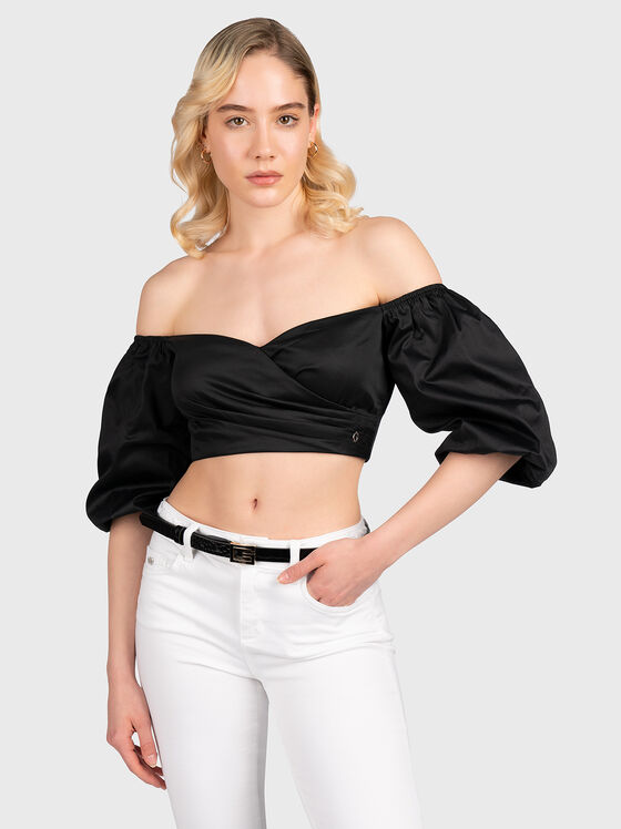 Top negru scurt cu mâneci bufante - 1