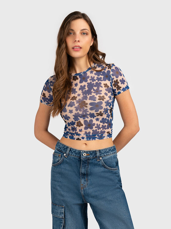 Cropped tulle top with floral print - 1