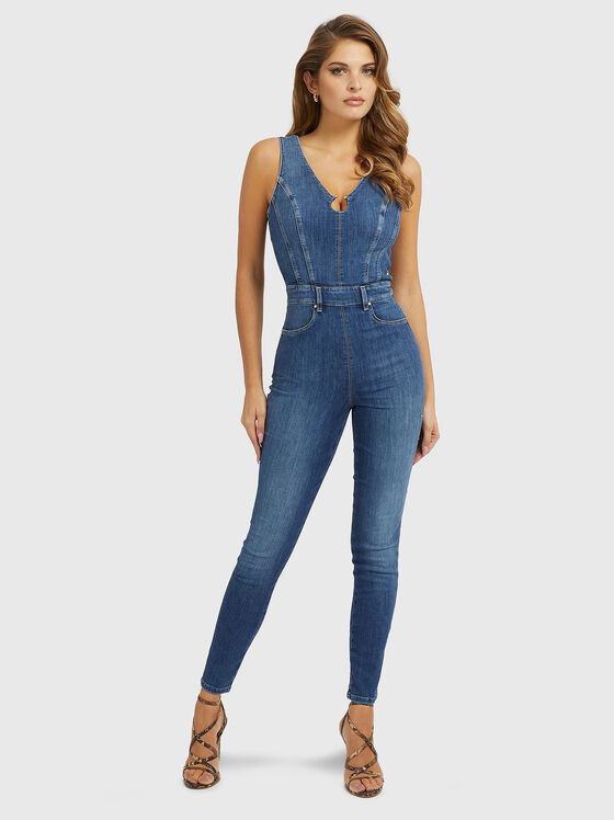 Salopeta cu guler în V din denim - 1